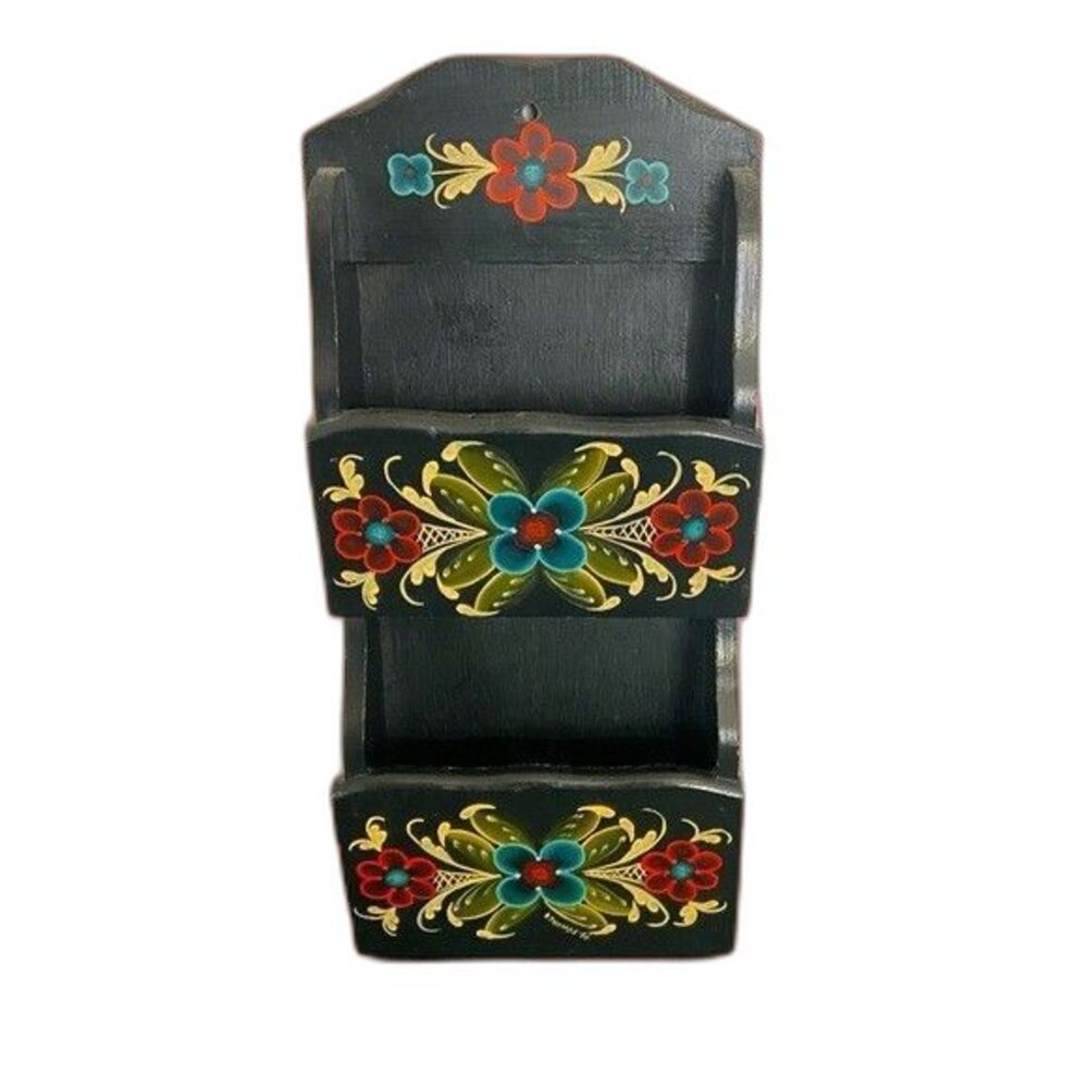 Vintage 1987 Art Tole Hand Painted Wooden Two-Slot Letter/Recipe Holder